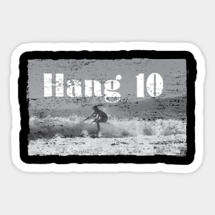 Hang 10 Surfer Riding Wave Retro Distressed Sticker